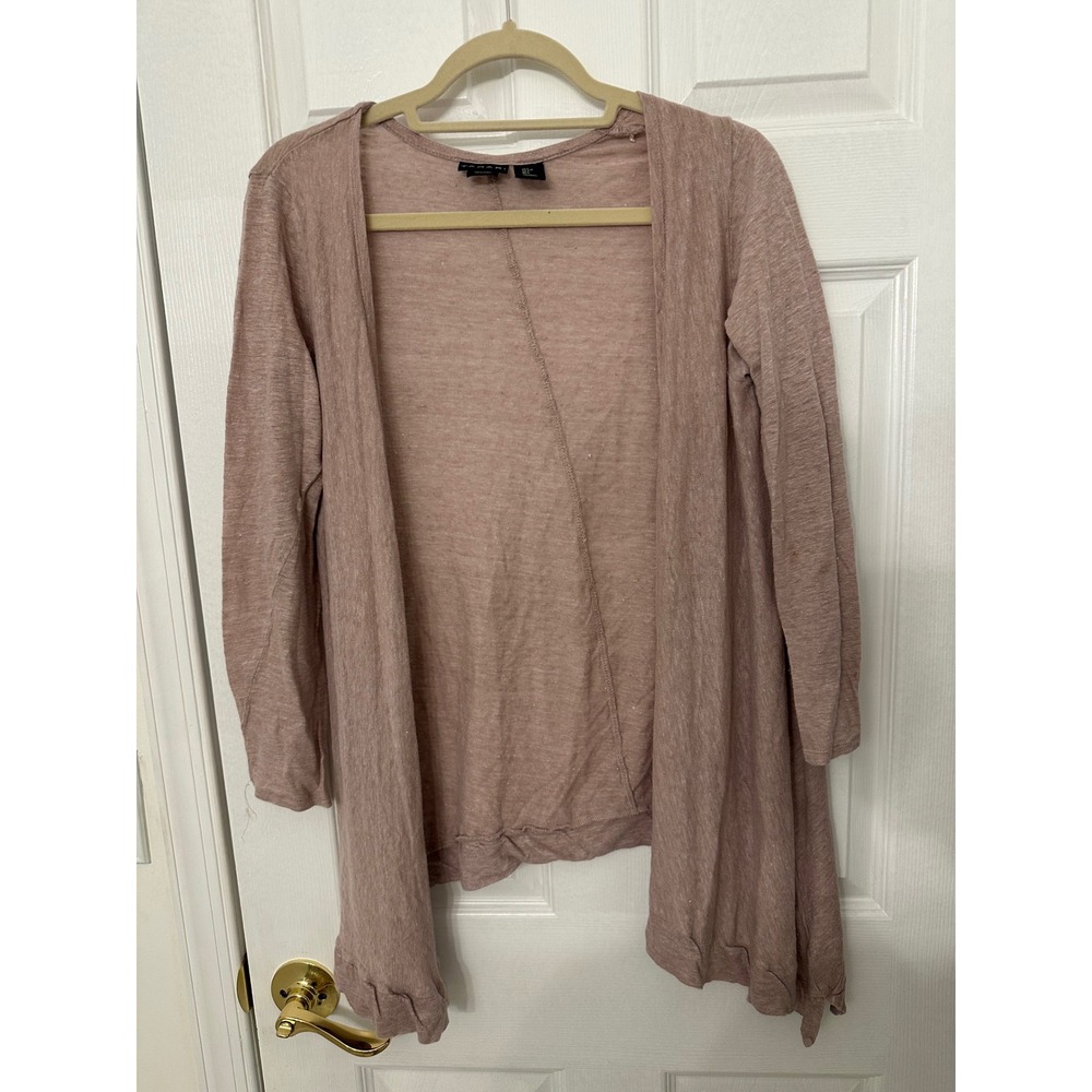 Tahari Womens Large Pink 100% Linen Open Front Draped Handkerchief Hem Cardigan
